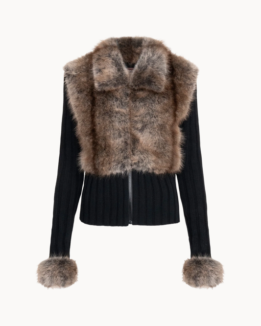 Strickcardigan mit Reißverschluss und Kunstfellbesatz
