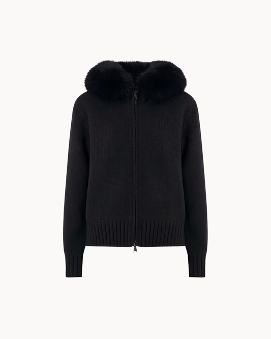Strickjacke mit Reißverschluss, Kapuze und abnehmbarem Fellkragen