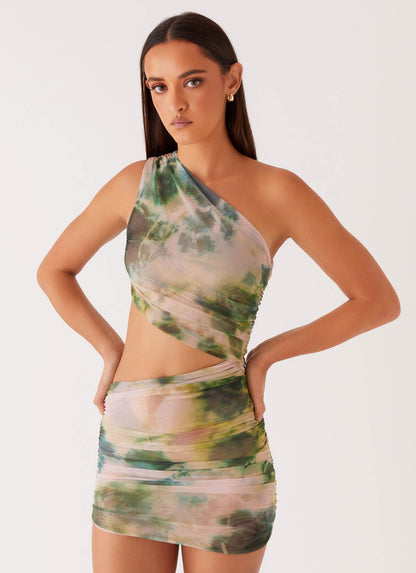 One-Shoulder Mini Kleid mit Cut-out und Print