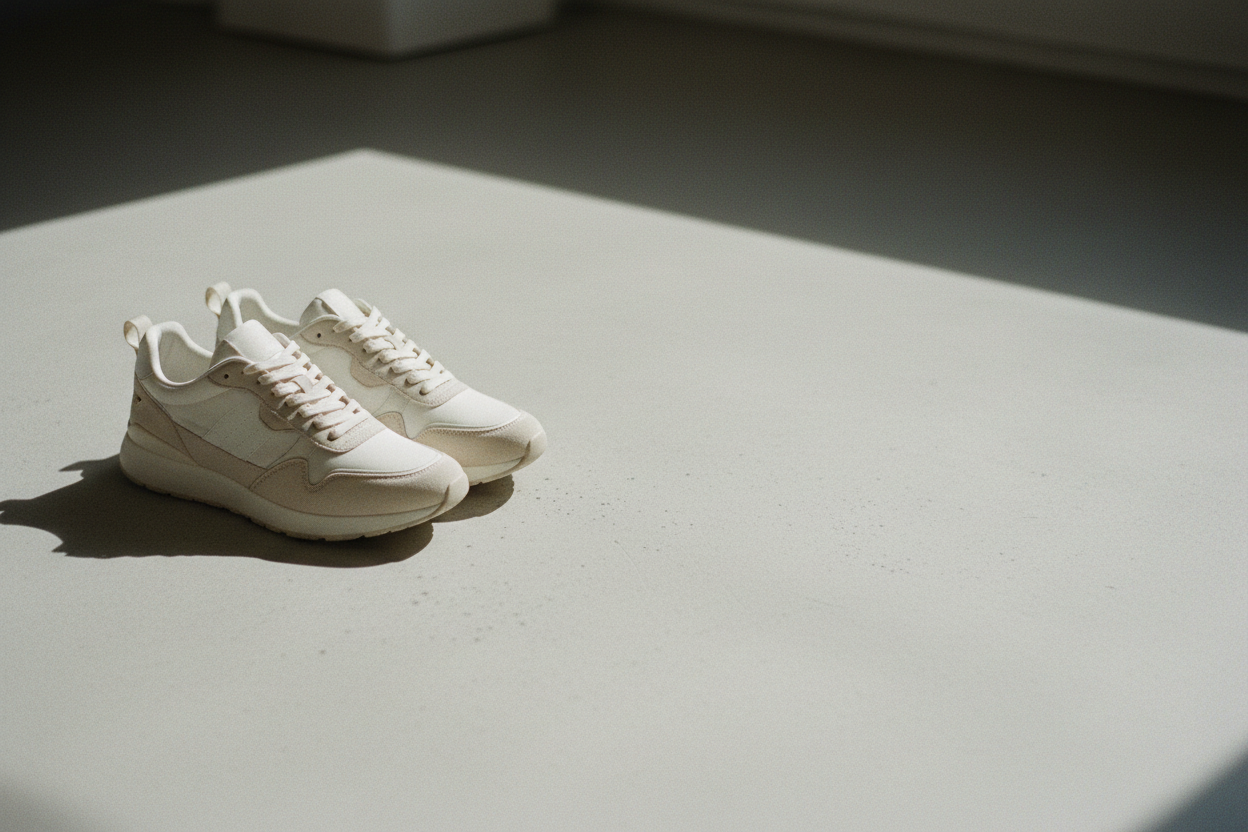 Minimalistische, hochwertige Lifestyle-Fotografie: ein einzelnes Paar moderner Sneaker (neutraler Colorway) sauber inszeniert auf hellem Beton- oder Steinboden, weiches natürliches Fensterlicht, dezente Schatten, viel negativer Raum rechts für Text, ruhiger editorial Look, 35mm, leichte Körnung, ultra sharp, keine Logos, keine Marken, keine Schrift, keine Menschen, keine weiteren Objekte, high resolution, web hero banner, aspect ratio 16:9